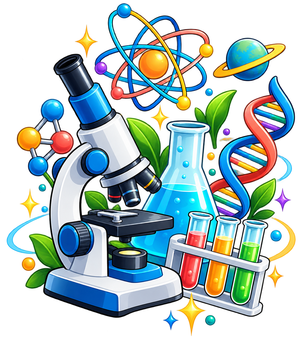科學插圖：顯微鏡、燒瓶、試管、原子、DNA 與行星